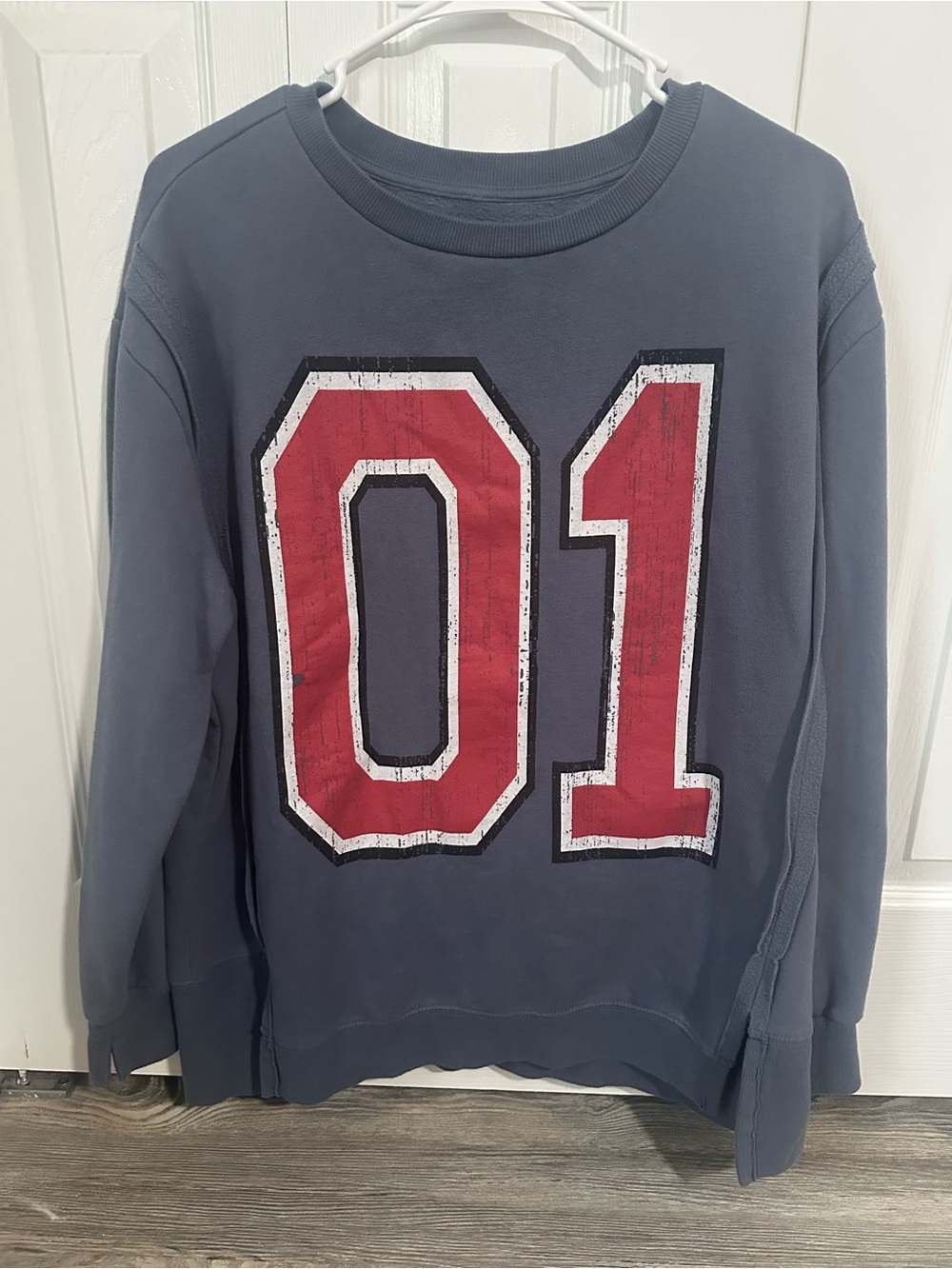 Women's Slate Blue Crewneck Sweatshirt with Red '01' Graphic